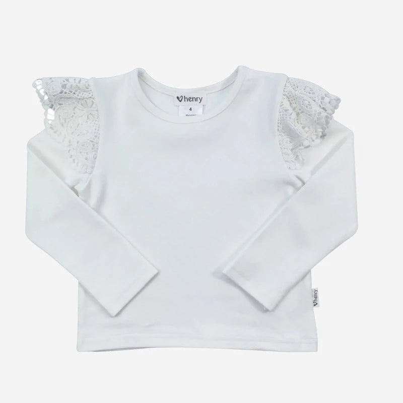 Girls Lace Sleeve Top - White | Love Henry