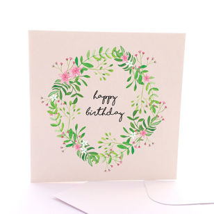 Pink Wreath Happy Birthday Card